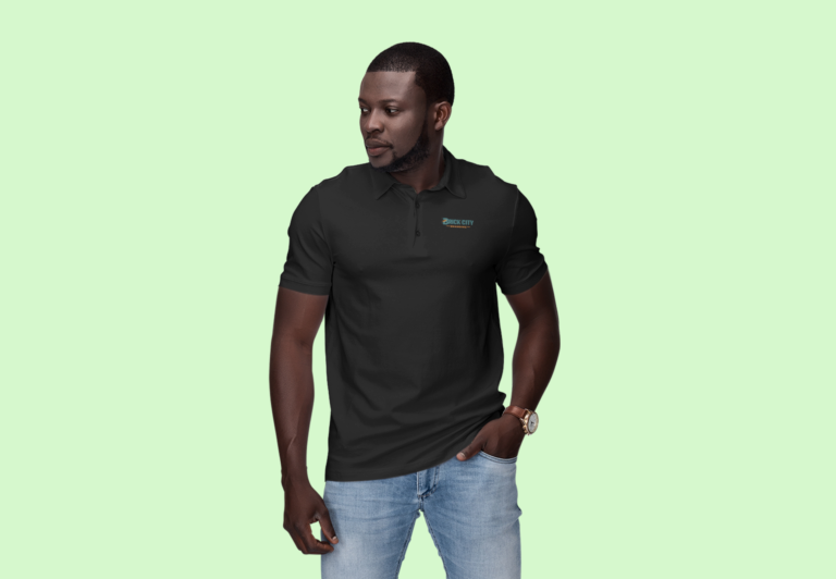 Man wearing a custom black polo shirt with the Brick City Branding logo in Newark, NJ.