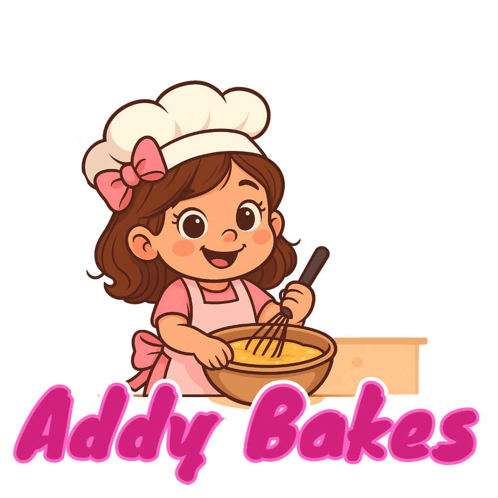 A cute cartoon logo for Addy Bakes featuring a young girl wearing a chef's hat with a pink bow, whisking batter in a bowl, with "Addy Bakes" written in bubbly pink font.