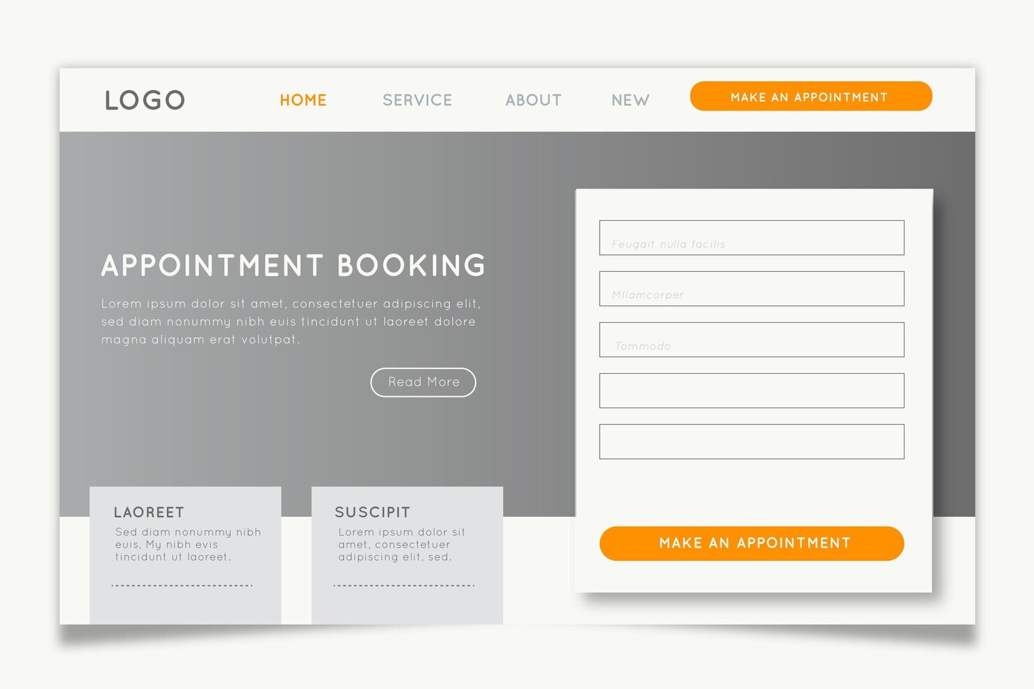 User interface wireframe layout for an appointment booking website design with a lead contact form in Newark, NJ.