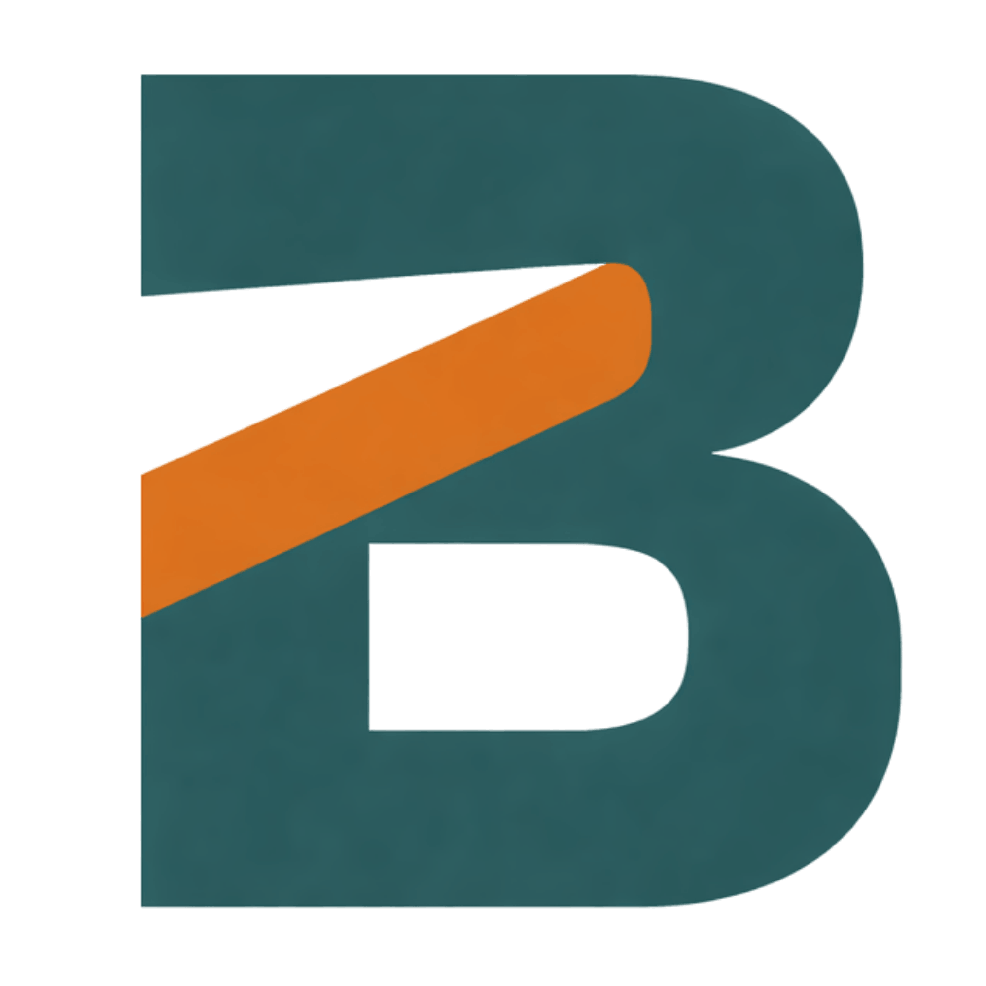 A minimalist logo featuring a large teal-colored capital letter "B" with a diagonal orange stripe cutting through the center against a white background.