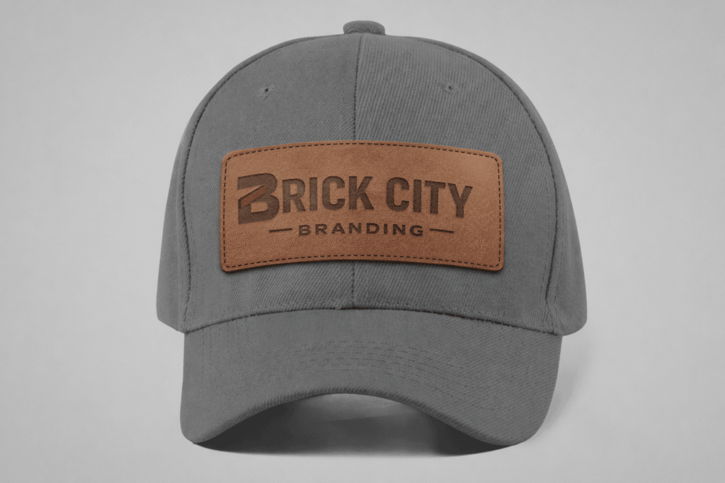A charcoal grey baseball cap featuring a rectangular tan leather patch with the Brick City Branding logo laser-engraved in the center.