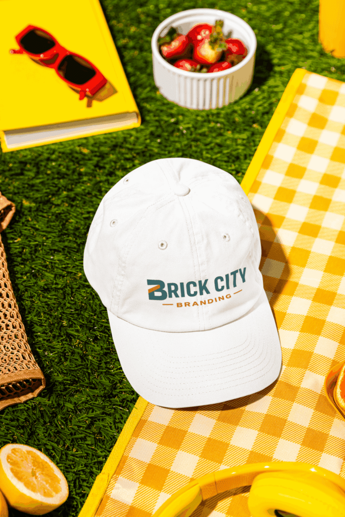 A white custom embroidered "Brick City Branding" dad branded hat resting on a yellow checkered picnic blanket alongside strawberries, lemons, and red sunglasses on green grass.