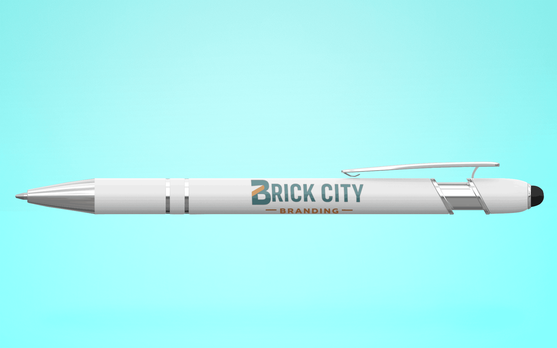 White 2-in-1 pen and touchscreen stylus printed with a business logo