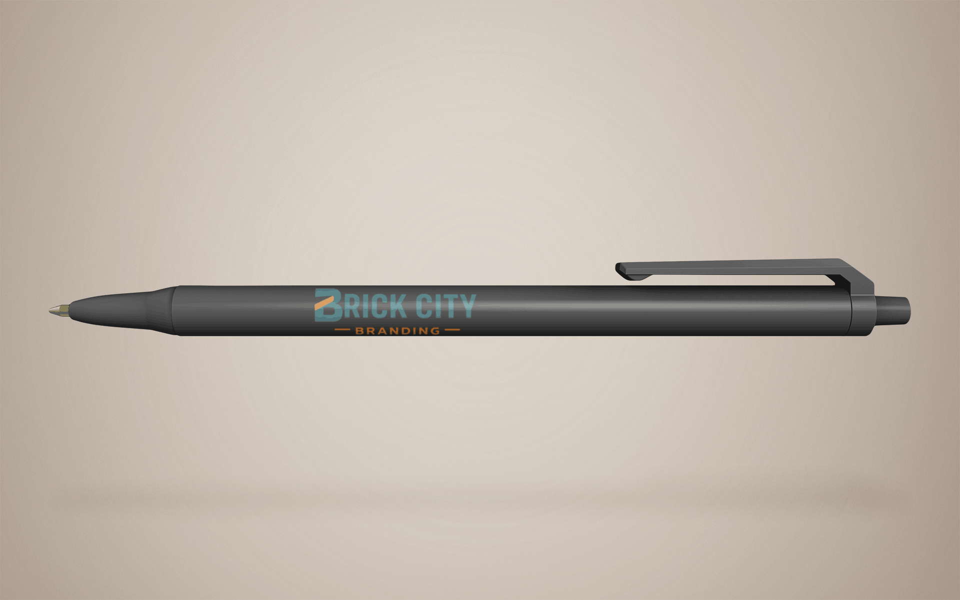 A sleek matte charcoal grey plastic retractable pen featuring the Brick City Branding logo on the barrel, shown against a neutral background.