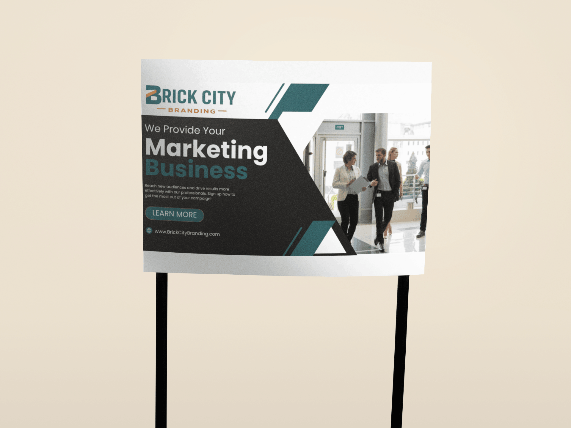Professional marketing business yard sign for Brick City Branding featuring a teal and black design with a "Learn More" call to action.