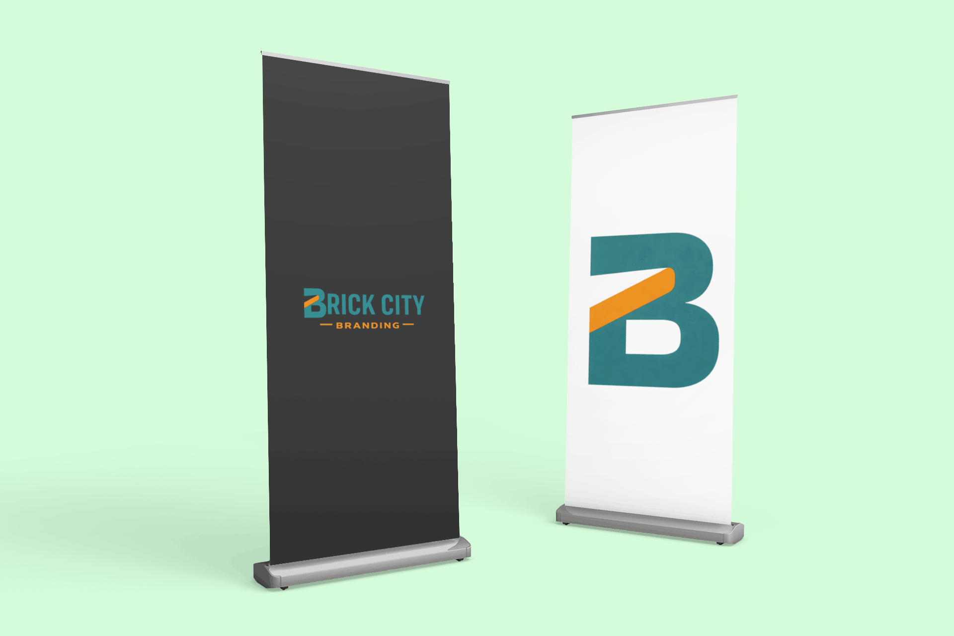 A vertical white pop-up A-frame sidewalk sign featuring the Brick City Branding logo, standing on a modern grey tile floor in a bright retail environment.