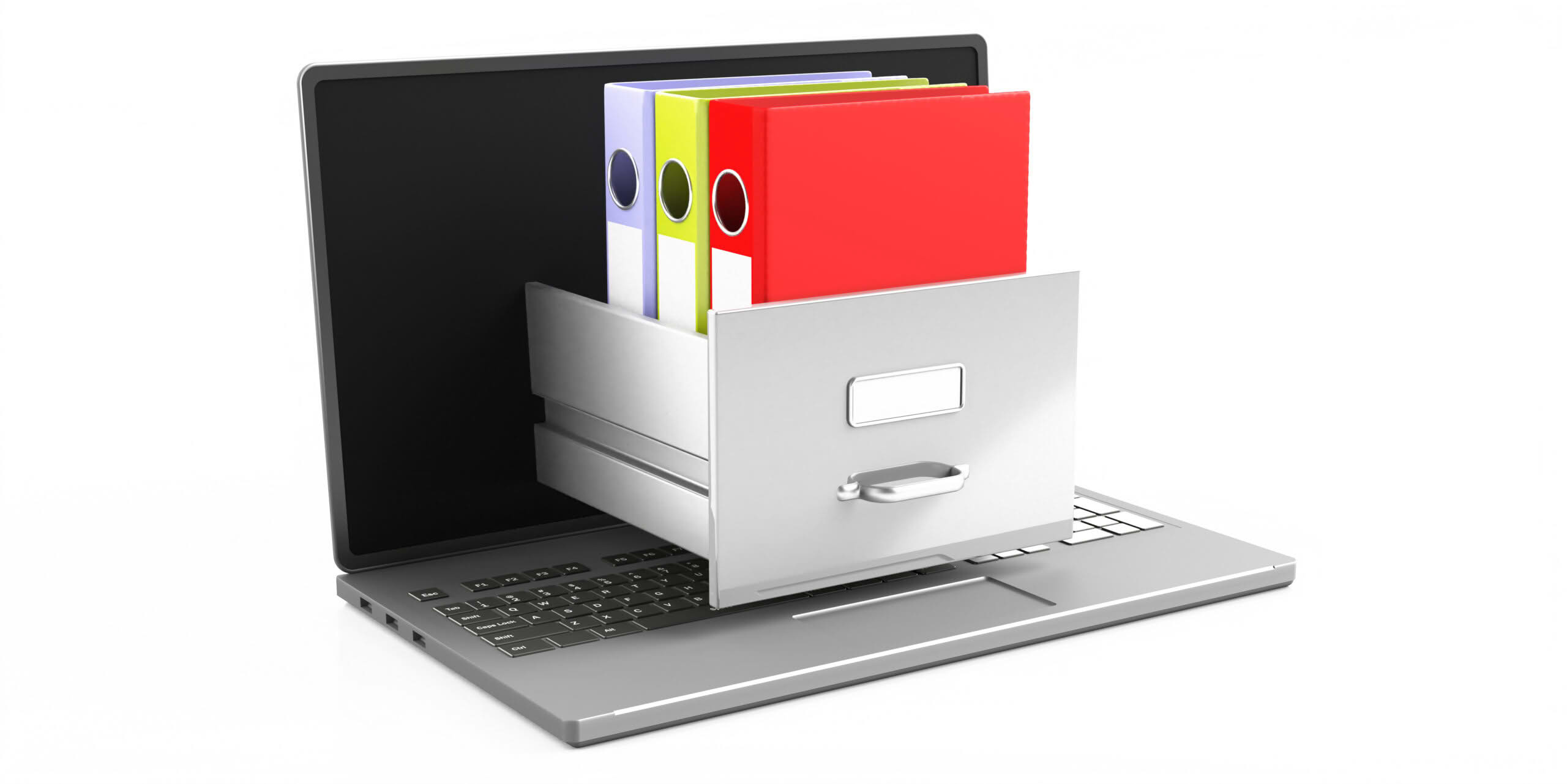 A 3D conceptual illustration of a laptop with a filing cabinet drawer emerging from the screen containing colorful binders, symbolizing digital storage and organization.