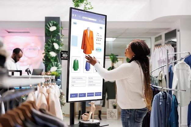 A woman in a clothing boutique interacting with a large, vertical digital touch-screen display showing apparel options, billboards and product details.