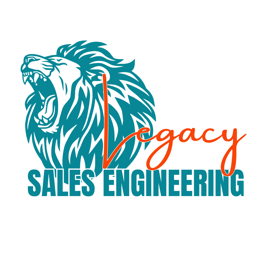 A teal and orange logo for Legacy Sales Engineering featuring a detailed illustration of a roaring lion's head with script and bold block typography.
