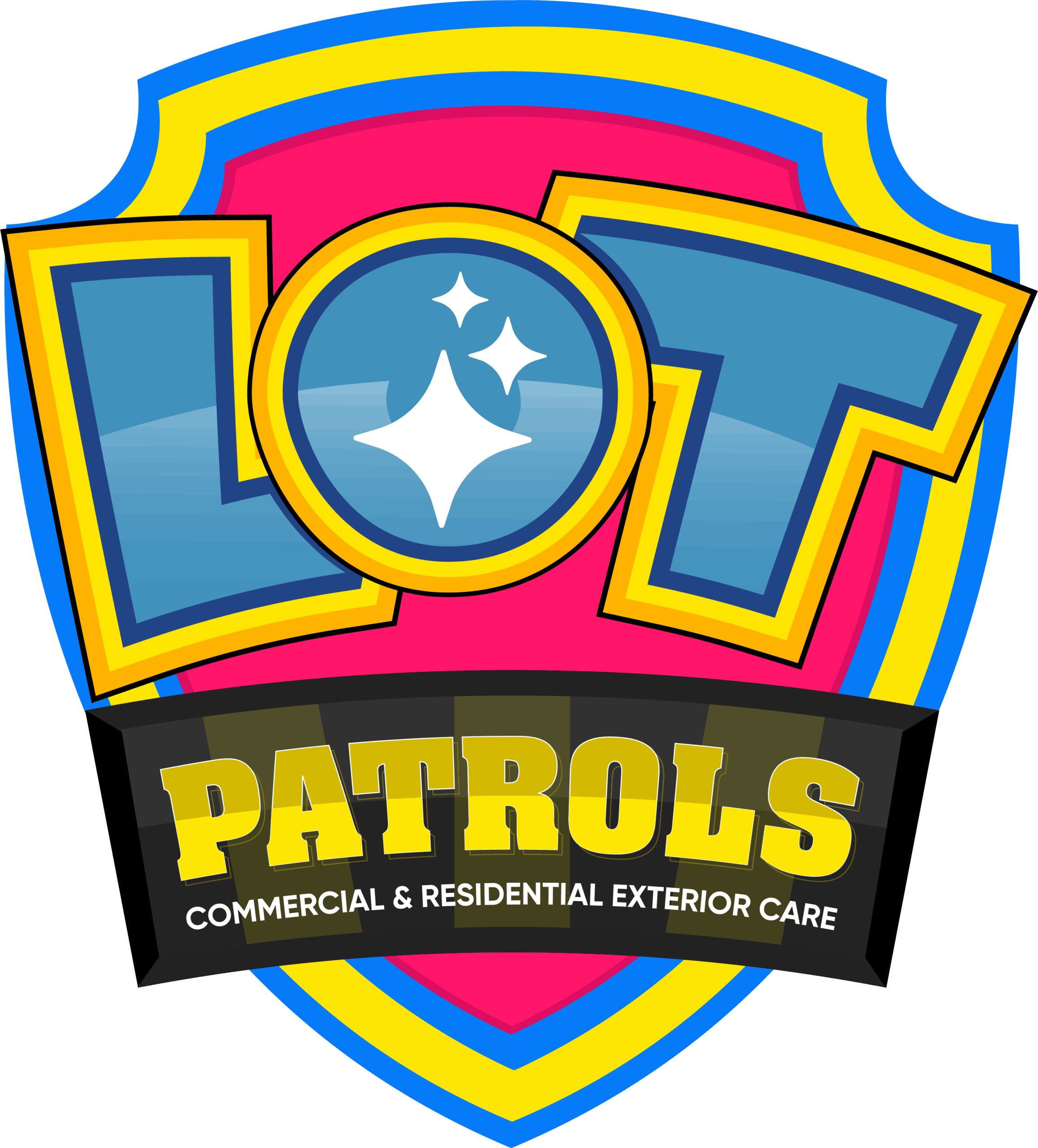 A colorful shield-shaped logo for "Lot Patrols" featuring a blue and yellow "LOT" with spark icons and "PATROLS" on a black banner, specializing in commercial and residential exterior care.