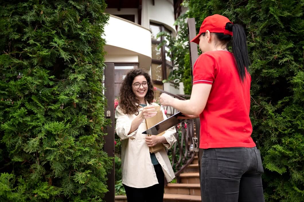 Delivery driver in a red uniform handing a package clipboard to a smiling woman at a residential doorstep in Newark, NJ.