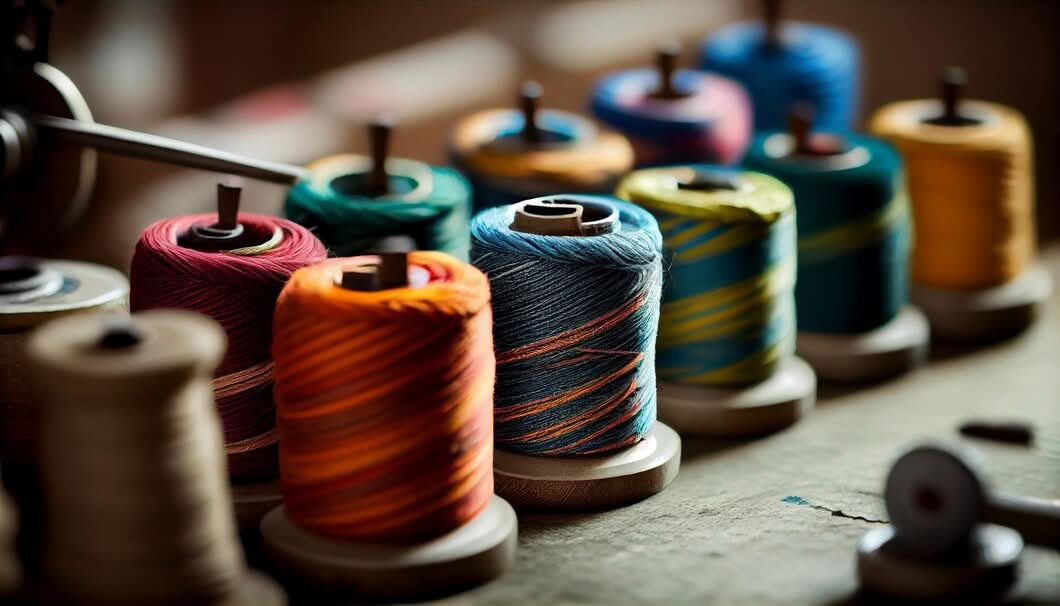 A shallow depth-of-field view of multiple spools of colorful thread arranged on a wooden worktable, illustrating custom sewing services in Charleston, SC.