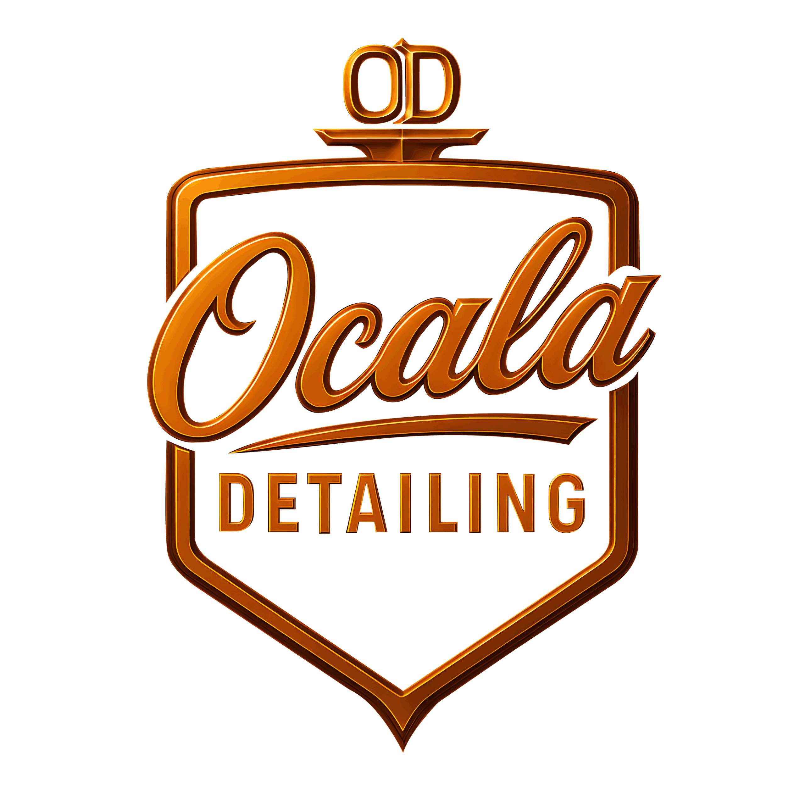 A sophisticated bronze and orange shield logo for "Ocala Detailing" with a metallic finish, featuring cursive typography and an "OD" monogram at the top.