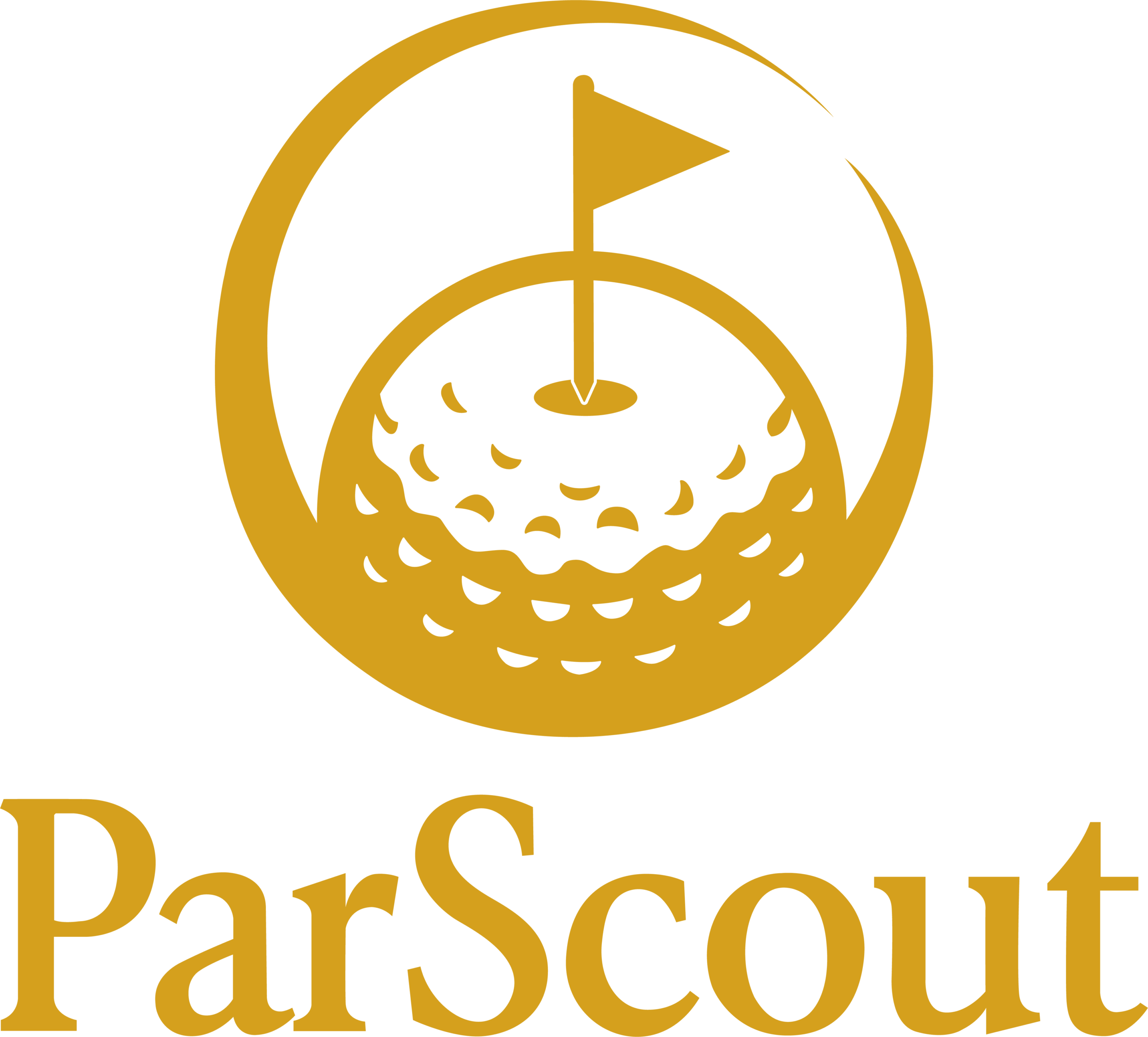 A gold-colored logo for ParScout featuring a golf ball and a flag pin inside a circular swoosh, with "ParScout" written in a classic serif font.