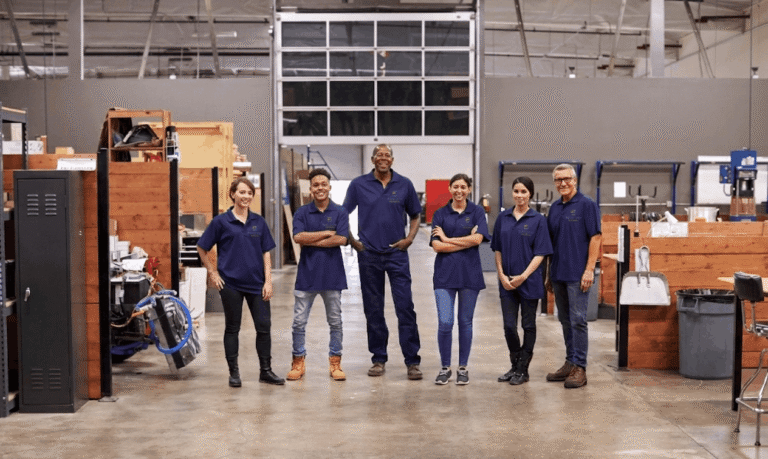 A diverse group of six warehouse employees standing together and smiling in a large industrial facility, wearing matching navy blue polo shirts and casual work attire. Brand Apparel to Small Business