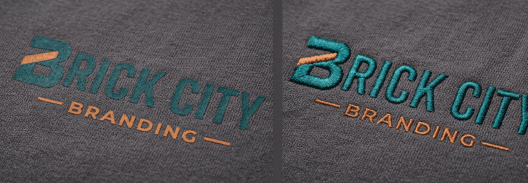 Side-by-side comparison of a teal and orange "Brick City Branding" logo on grey fabric, showing the flat texture of screen printing on the left and the raised, stitched texture of custom embroidery on the right.