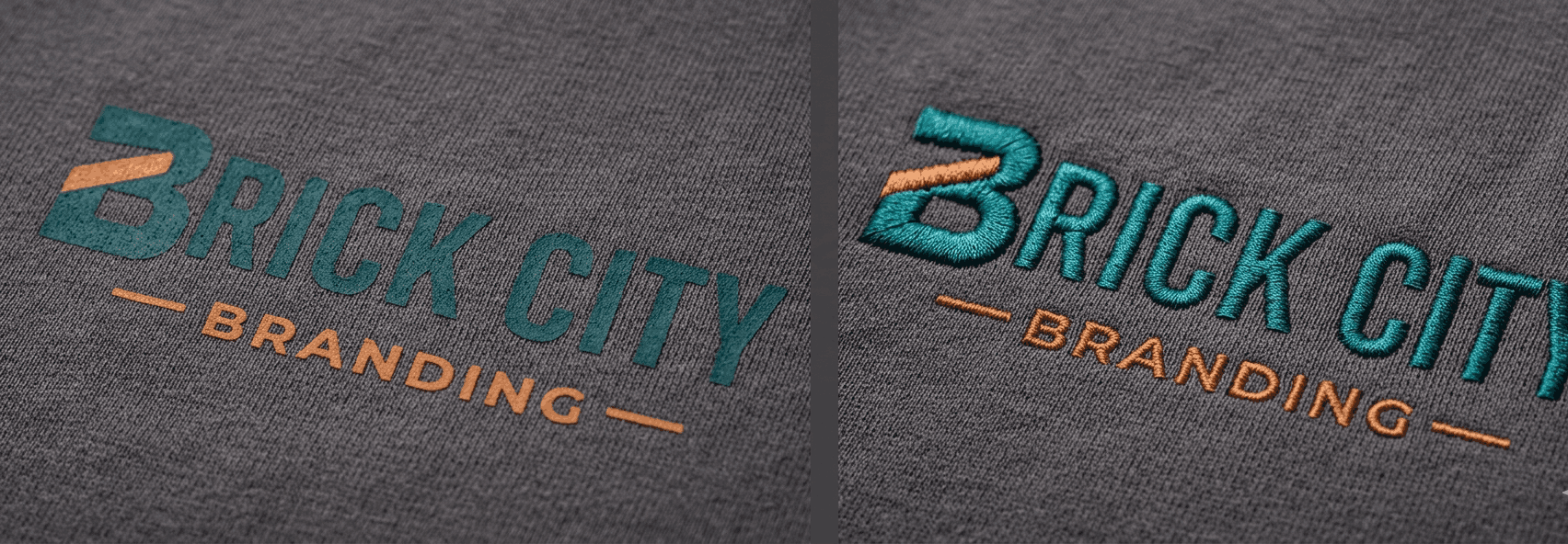 Side-by-side close-up of a screen-printed logo and an embroidered logo on gray fabric