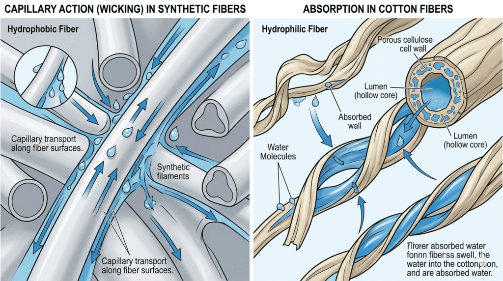 A side-by-side scientific illustration comparing capillary action (wicking) in hydrophobic synthetic filaments and moisture absorption in hydrophilic cotton fibers, showing the hollow lumen and porous cell walls of cotton.