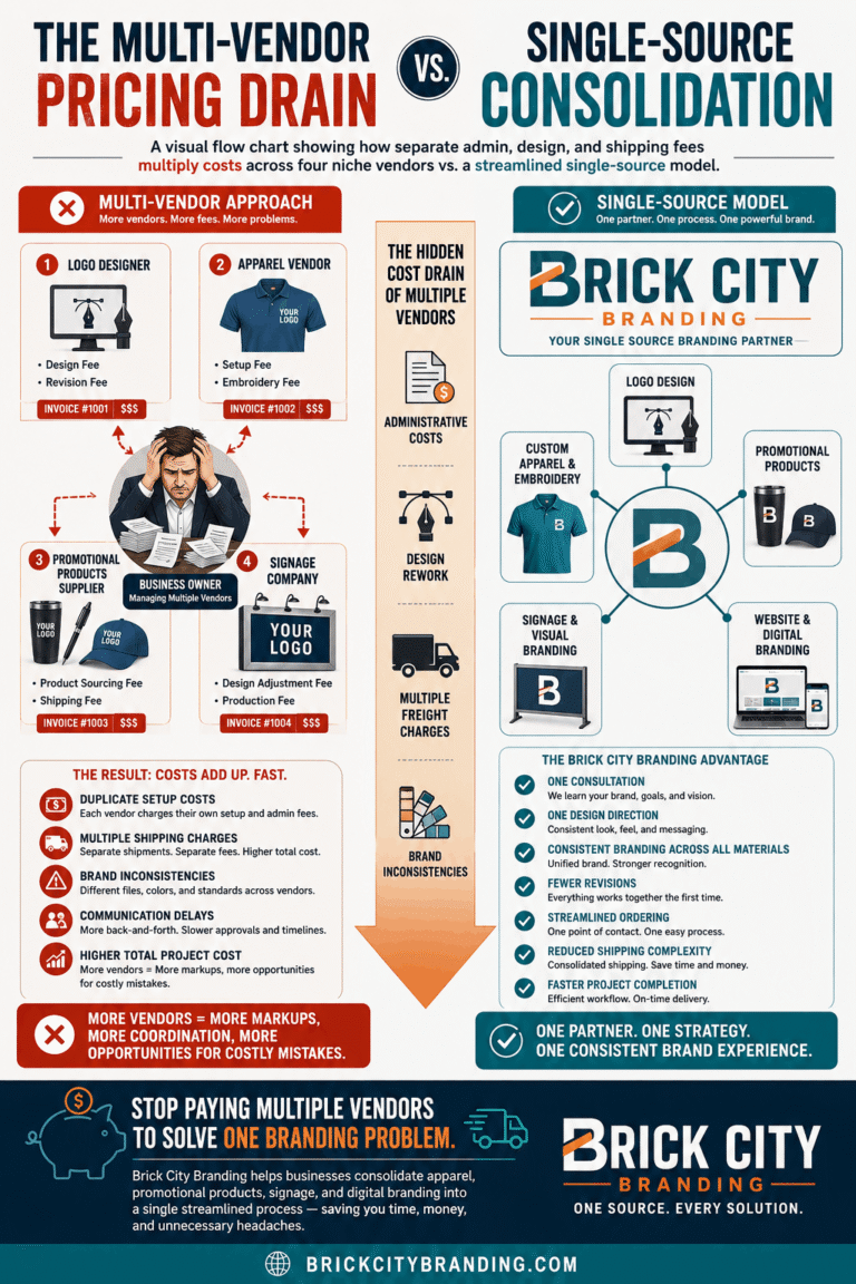 Infographic comparing the costs of managing multiple vendors versus a single-source branding partner like Brick City Branding.