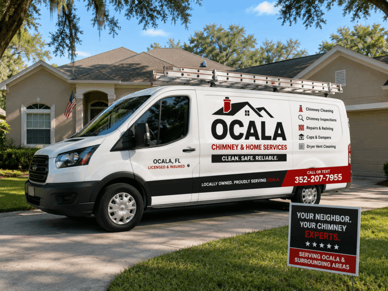 A white commercial service van branded with 'Ocala Chimney & Home Services' parked in a residential driveway, highlighting professional chimney cleaning ocala, inspections, and repairs.