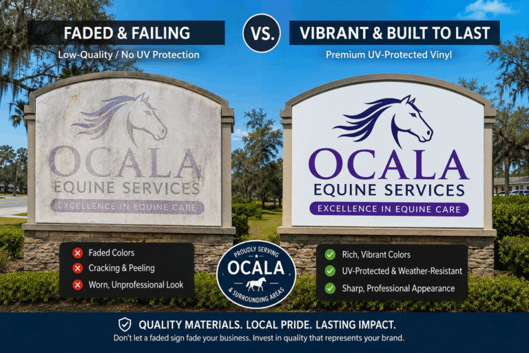 A side-by-side comparison graphic of a weathered outdoor business monument sign for Ocala Equine Services versus a restored, vibrant version featuring UV-protected vinyl in Ocala, Florida.