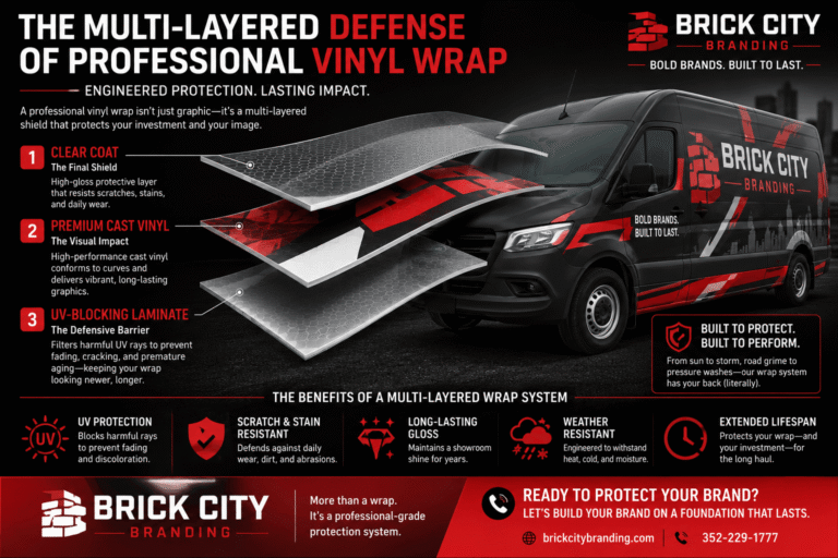 An educational infographic breakdown of a multi-layered professional vinyl wrap application on a commercial fleet cargo van, showcasing the defense benefits of clear coat, premium cast vinyl, and UV-blocking laminate.