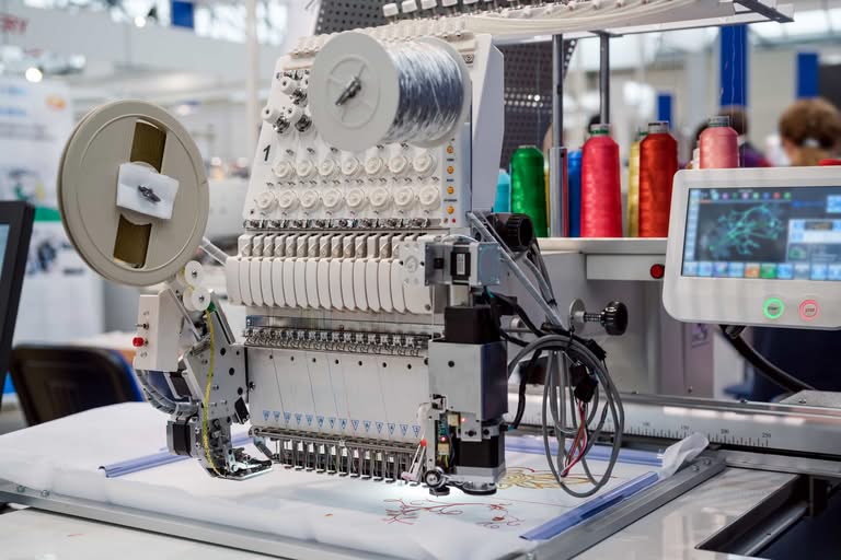 A multi-needle industrial embroidery machine in operation at a commercial manufacturing facility, threading a detailed pattern onto white fabric for custom embroidery los angeles ca.