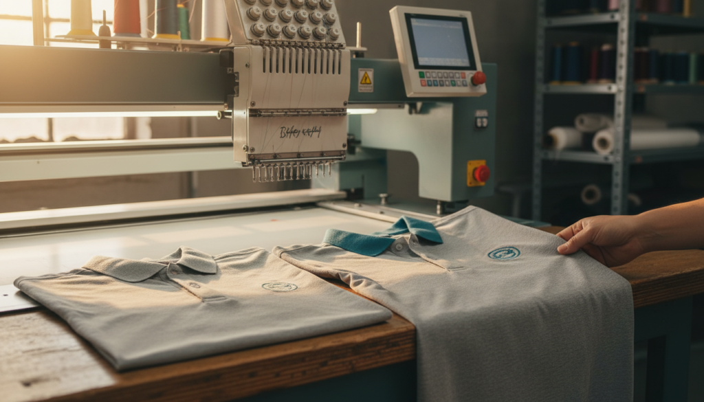 Solving Company Logos Inconsistent Embroidered Apparel Issues in 2026 1 company logos inconsistent embroidered apparel comparison showing mismatched thread colors on two polo shirts