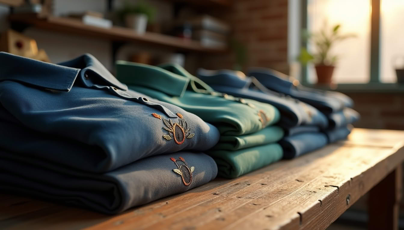 Stacks of folded embroidered polo shirts in several colors on a wooden table