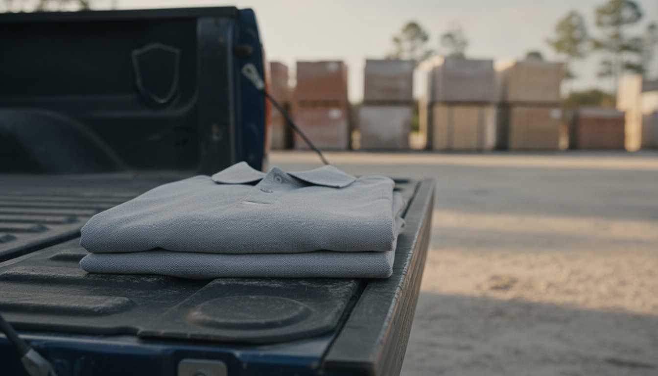 Work shirts for Marion County crews Folded branded work shirts on the tailgate of a contractor's truck