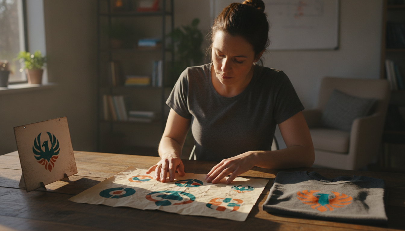 Small business owner reviewing logo, signage and apparel mockups during a brand consultation