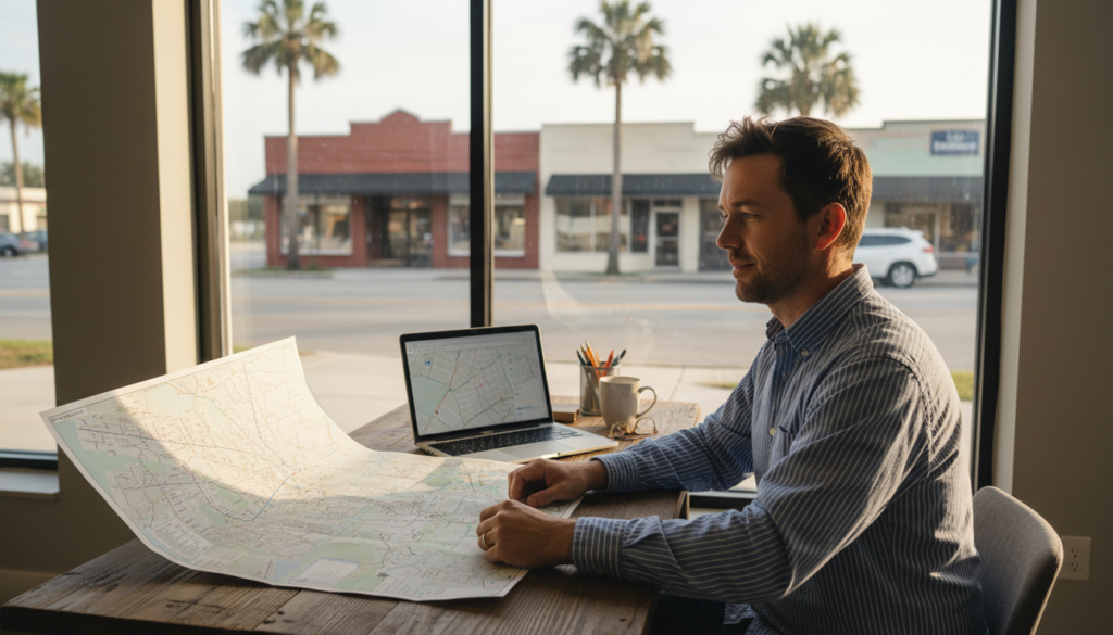small business owner reviewing eddm marketing route map on a laptop