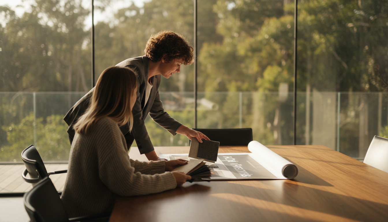 Business owner and designer reviewing a sign design proof at a table