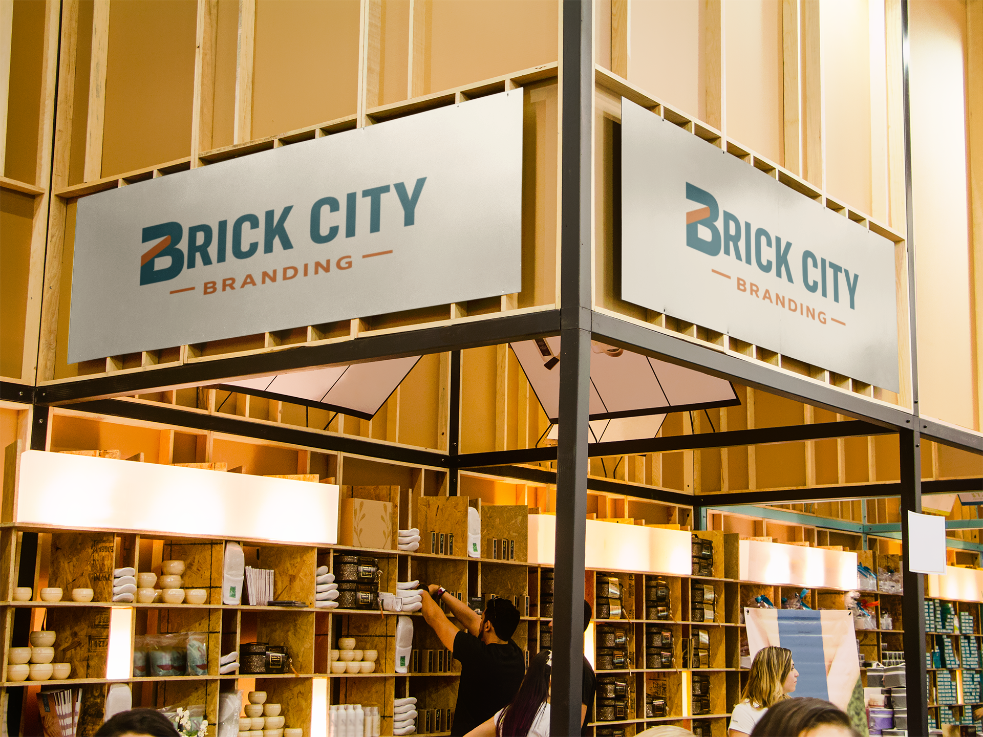 Hanging branded signs above a retail and display area