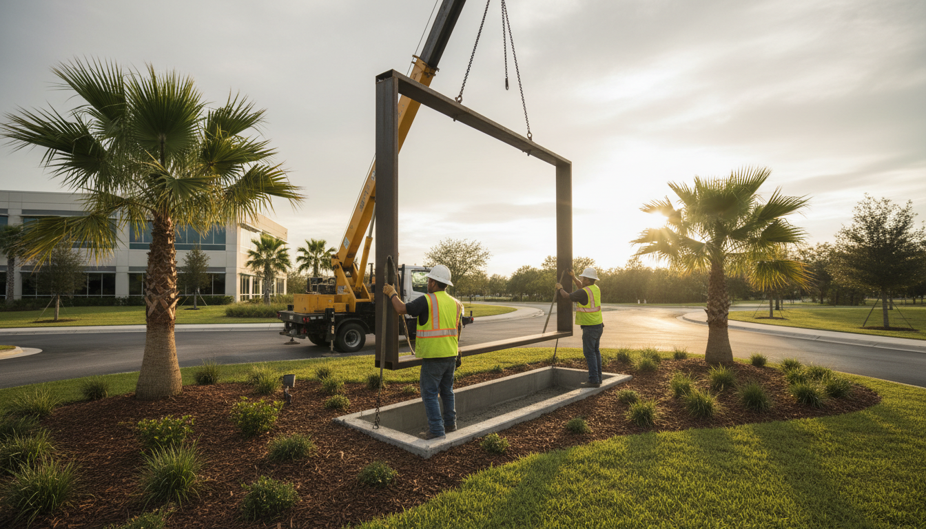 Monument sign installation Crew installing a monument sign frame outside a Florida business