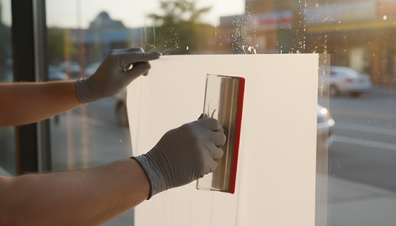 Installer smoothing a vinyl window decal onto a storefront window with a squeegee